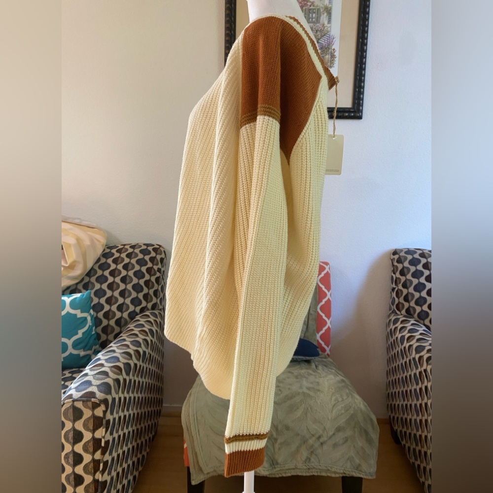 Wishlist Cream and Brown V-Neck Pullover Long Sleeve Sweater, Women’s Size L - Picture 2 of 5